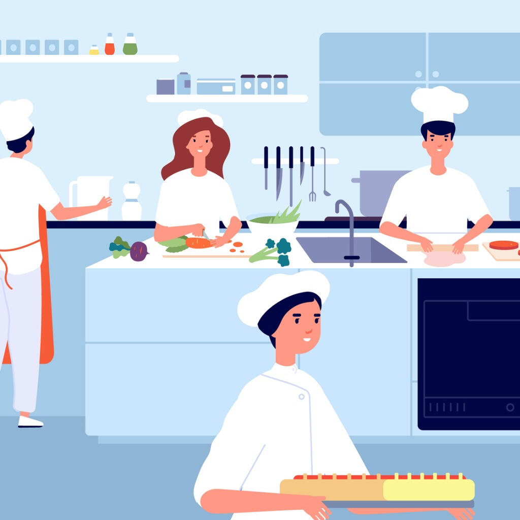 Image of a restaurant, taking inventory of produce and food prepping