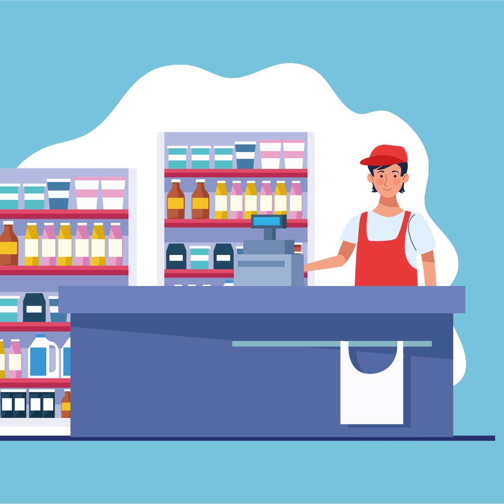 Illustration of a convenience store owner behind the counter